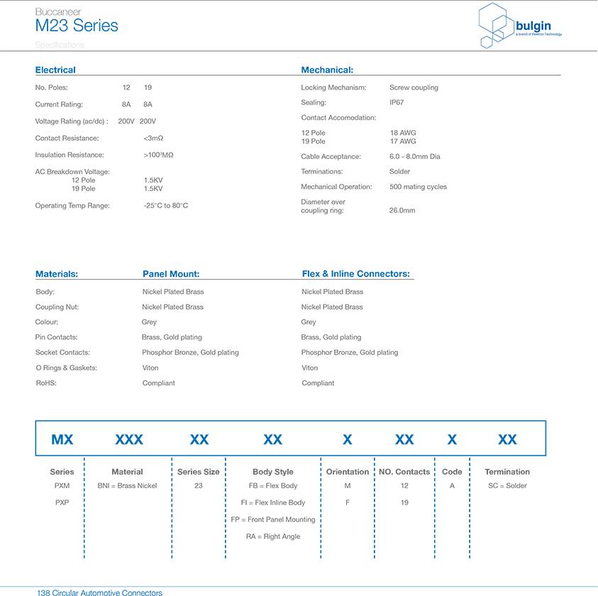 M23 连接器公头焊线式技术参数 M23 连接器公头焊线式技术参数