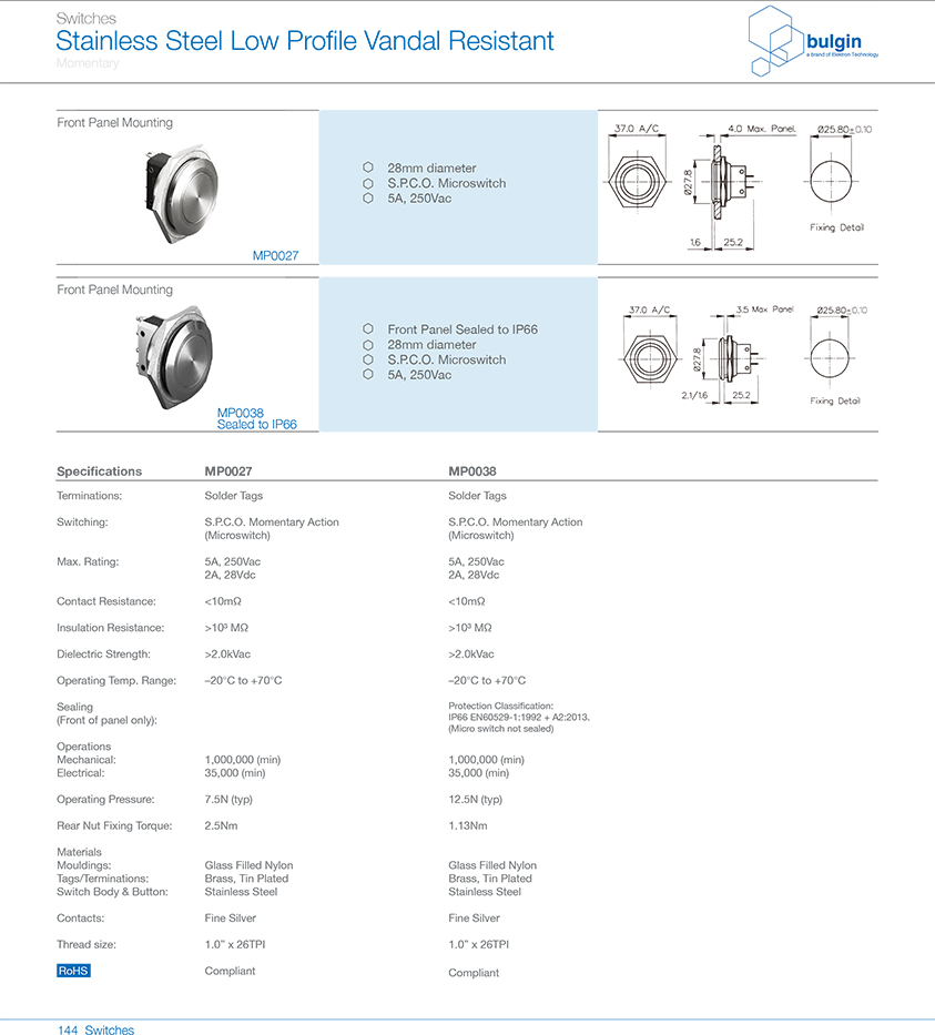 MP0027小尺寸防破坏按钮开关选型 MP0027小尺寸防破坏按钮开关选型