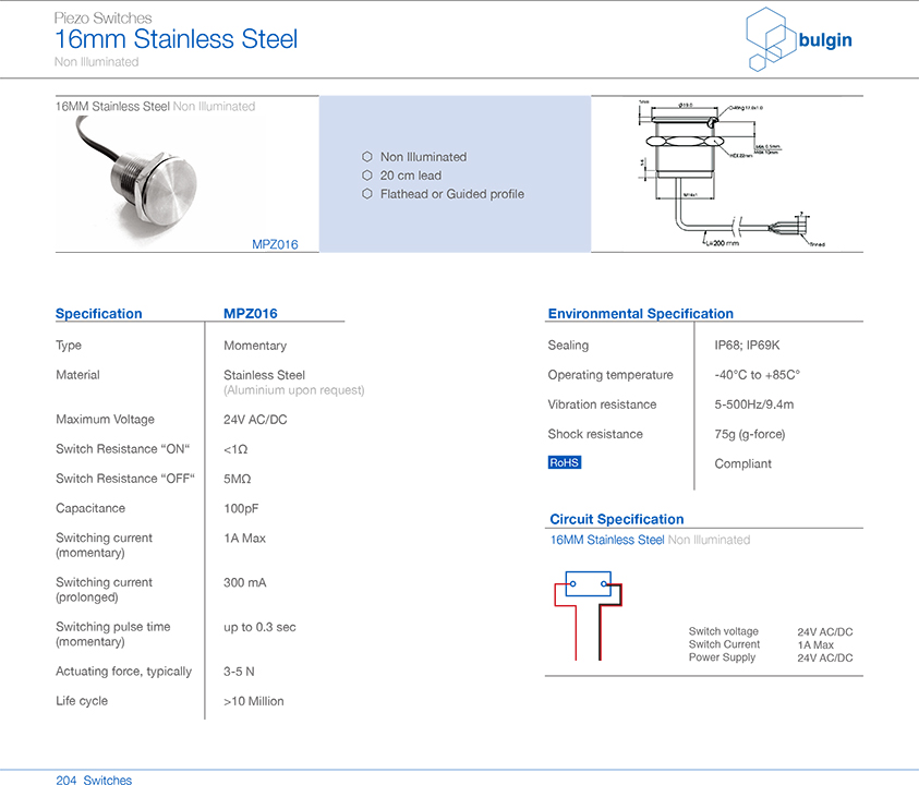 MPZ016不锈钢Piezo开关规格尺寸 MPZ016不锈钢Piezo开关规格尺寸