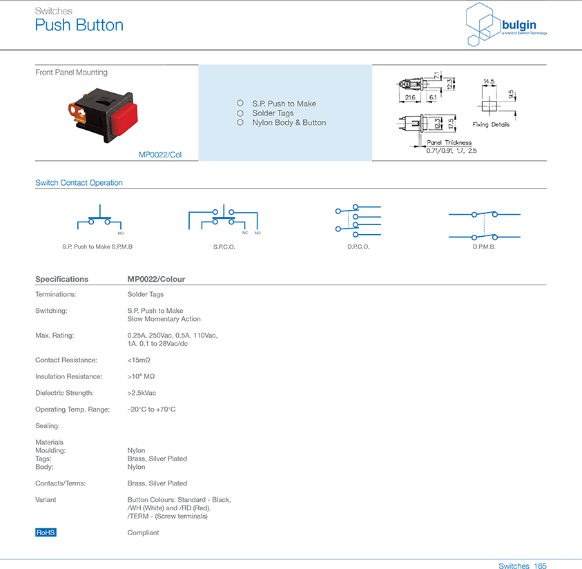 MP0016系列后面板安装按钮开关技术参数 MP0016系列后面板安装按钮开关技术参数