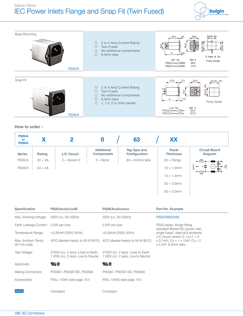 PS26-A带整体式双保险丝的带滤波器型号 PS26-A带整体式双保险丝的带滤波器型号