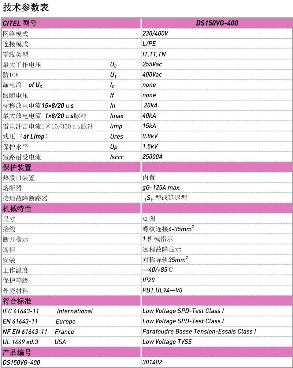 交流防雷器DS150VG-400电源电涌保护器技术参数 交流防雷器DS150VG-400电源电涌保护器技术参数
