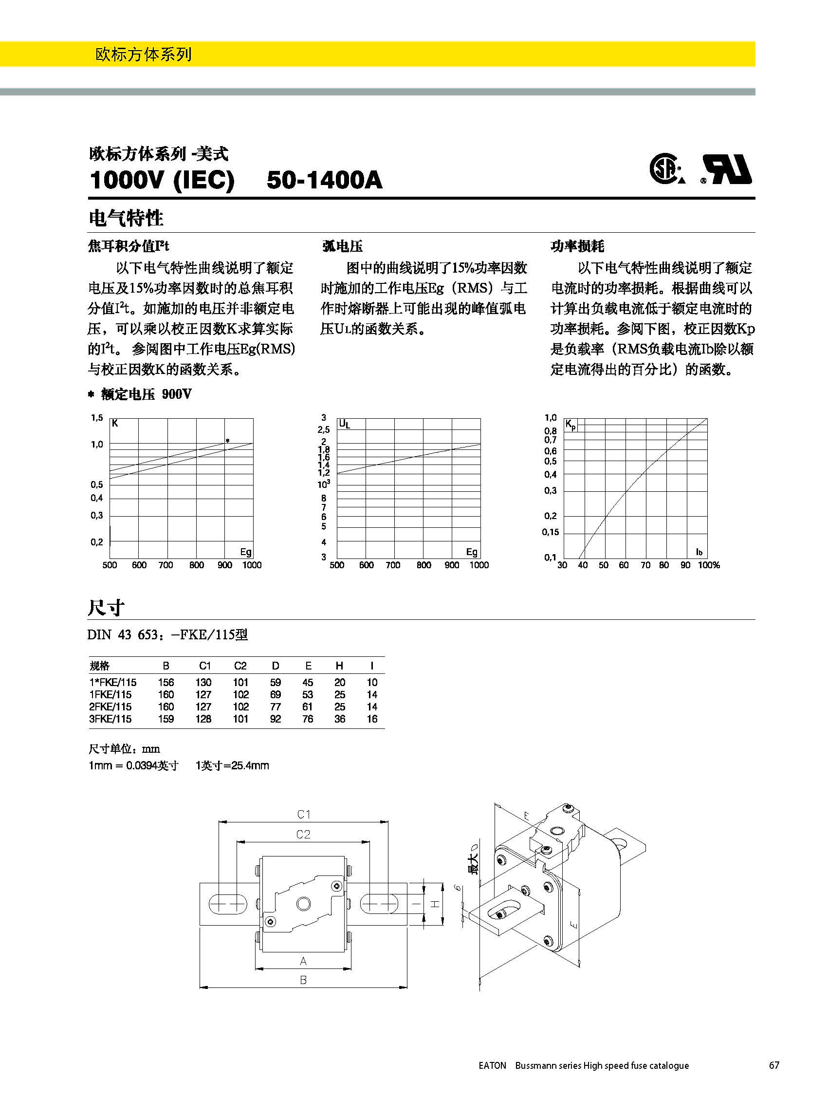 欧标方体1000V美式熔断器 曲线图 尺寸图 欧标方体1000V美式熔断器 曲线图 尺寸图
