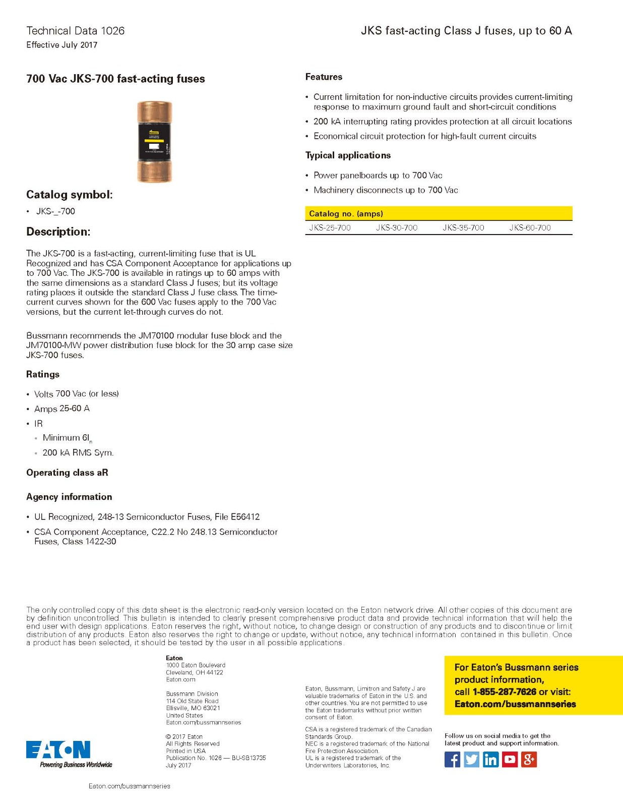 JKS系列熔断器参数 JKS系列熔断器参数