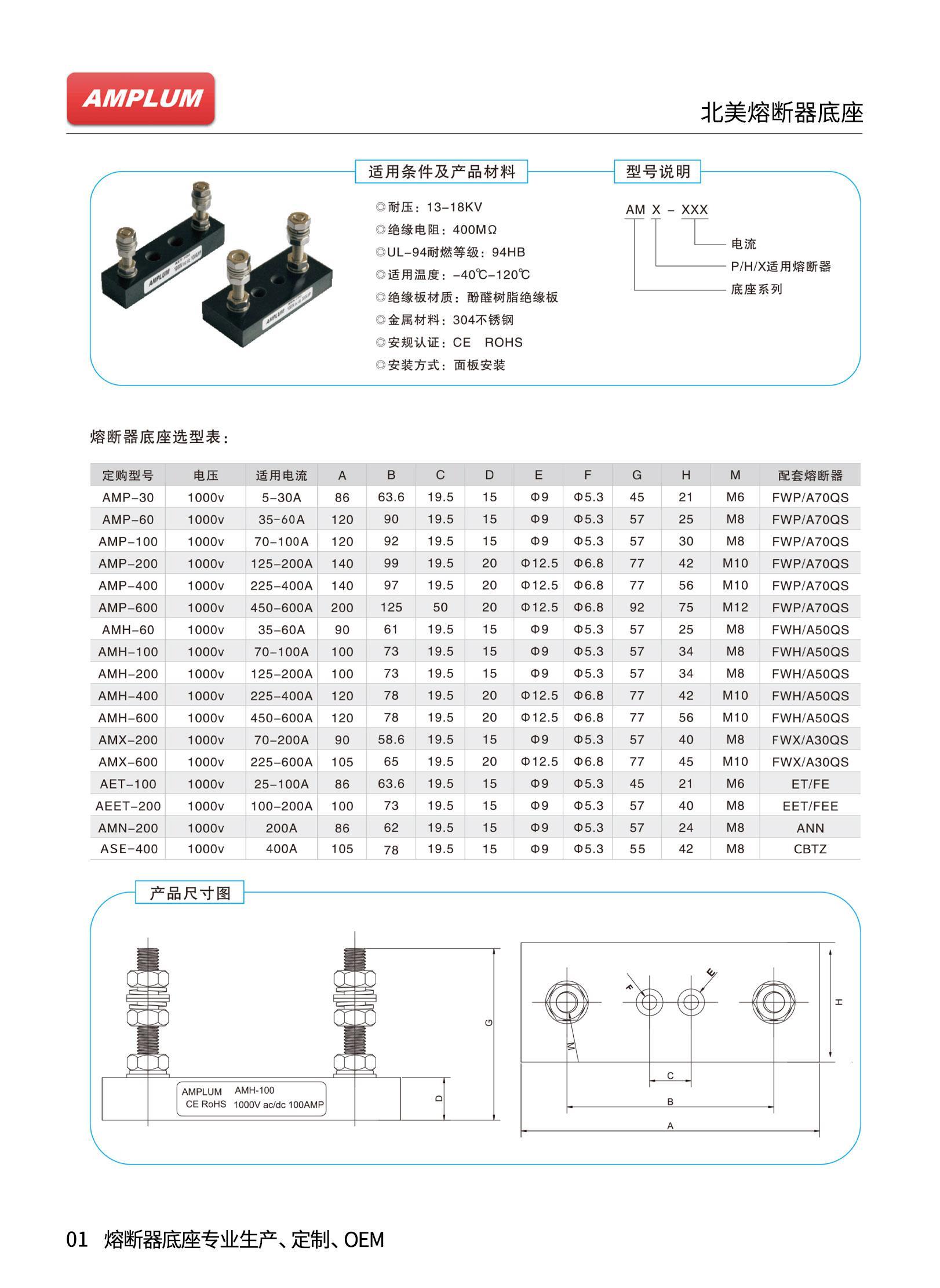 AMP-400固定式熔断器底座技术参数 AMP-400固定式熔断器底座技术参数